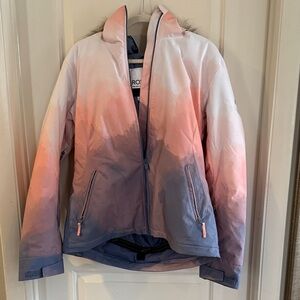 Roxy womens Pink White and Blue Ombre Puffer Jacket with Faux-Fur Hood